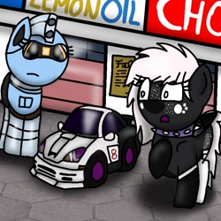 Size: 768x768 | Tagged: safe, artist:foxfer64_yt, oc, oc:onyxstar (fl), oc:q-celica star, oc:silverstream (robot pony), pegasus, pony, car, duo, looking down, shocked