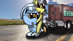 Size: 1920x1080 | Tagged: safe, artist:foxfer64_yt, oc, oc:silverstream (robot pony), oc:thunder (fl), pegasus, pony, robot, robot pony, carrying, container, duo, highway, riding, riding a pony