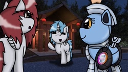 Size: 1920x1080 | Tagged: safe, artist:foxfer64_yt, oc, oc:kira (fl), oc:nara (fl), oc:silverstream (robot pony), alicorn, pegasus, pony, city, forest, nature, night, pointing, shrine, smiling, temple, tree, trio