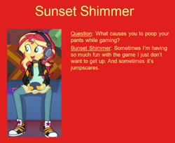 Size: 848x691 | Tagged: safe, edit, edited screencap, editor:thedarkpony, screencap, sunset shimmer, human, equestria girls, g4, game stream, my little pony equestria girls: better together, clothes, denim, female, fetish, implied messing, implied pooping, jeans, messing q&a, pants, sitting, solo