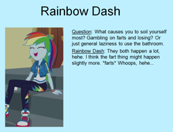 Size: 910x696 | Tagged: safe, edit, edited screencap, editor:thedarkpony, screencap, rainbow dash, human, equestria girls, g4, happily ever after party, my little pony equestria girls: better together, clothes, female, implied farting, implied messing, implied pooping, messing q&a, pants, sitting, solo