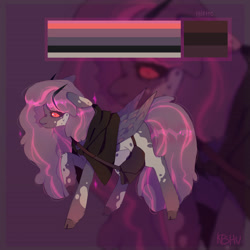 Size: 3400x3400 | Tagged: safe, artist:keshv, oc, oc only, oc:tired raspberry, demon, demon pony, pegasus, pony, cloak, clothes, female, horns, mare, red eyes, reference sheet, satchel, solo, wings