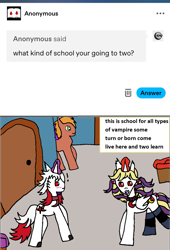 Size: 1099x1614 | Tagged: safe, artist:ask-luciavampire, oc, earth pony, pony, undead, vampire, vampony, ask, blushing, exclamation point, school, tumblr