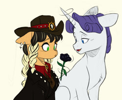 Size: 1280x1042 | Tagged: safe, artist:chub-wub, applejack, rarity, earth pony, pony, unicorn, g4, alternate hairstyle, applejack's hat, black rose, blushing, clothes, coat, cowboy hat, duo, duo male and female, ear piercing, earring, elusive, eyeshadow, female, flower, glowing, glowing horn, goth, half r63 shipping, hat, horn, jewelry, magic, makeup, male, mare, open mouth, piercing, rose, ship:elusivejack, ship:rarijack, shipping, shirt, simple background, stallion, straight, trans male, transgender, white background