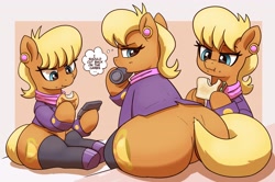 Size: 4096x2721 | Tagged: safe, artist:pabbley, ms. harshwhinny, earth pony, pony, g4, bottomless, bread, butt, butt focus, clothes, eating, female, food, implied weight gain, large butt, looking back, mare, ms. harshbooty, open mouth, partial nudity, phone, plot, sandwich, sitting, socks, solo, the ass was fat, thigh highs, thought bubble