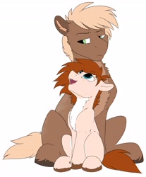 Size: 3385x4096 | Tagged: safe, artist:cold blight, oc, oc only, oc:cedar, oc:honey comb, earth pony, cute, earth pony oc, female, larger male, looking up, male, mare, oc x oc, shipping, simple background, sitting, size difference, smaller female, smiling, stallion, white background