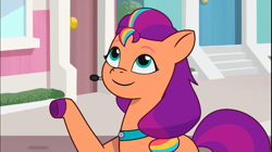 Size: 1285x720 | Tagged: safe, screencap, sunny starscout, earth pony, pony, g5, my little pony: tell your tale, on your cutie marks, spoiler:g5, spoiler:my little pony: tell your tale, spoiler:tyts01e18, cute, female, headset mic, mane stripe sunny, mare, maretime bay, raised hoof, sunnybetes