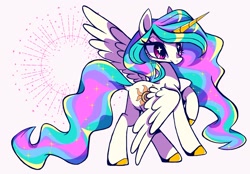 Size: 2048x1423 | Tagged: safe, artist:stacy_165cut, princess celestia, alicorn, pony, g4, big eyes, butt, colored hooves, colored horn, countershading, dock, ethereal mane, ethereal tail, eye clipping through hair, female, frown, horn, long eyelashes, mare, missing accessory, multicolored mane, multicolored tail, one wing out, pink eyes, plot, rear view, shiny hooves, simple background, solo, sparkles, sparkly mane, starry eyes, tail, unicorn horn, white background, white coat, wingding eyes, wings