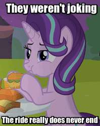 Size: 307x387 | Tagged: safe, artist:agrol, edit, starlight glimmer, pony, unicorn, time for two, g4, animated, burger, caption, cheek bulge, eating, female, food, frown, hay burger, herbivore, horn, image macro, lidded eyes, mare, meta, starlight glimmer is not amused, text, the ride never ends, unamused, you're here forever
