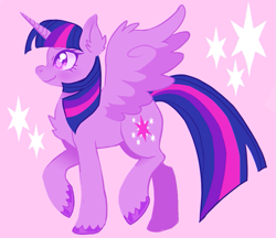 Size: 841x728 | Tagged: safe, artist:puroperopony, twilight sparkle, alicorn, pony, g4, chest fluff, colored hooves, pink background, raised hoof, side view, simple background, solo, spread wings, starry eyes, twilight sparkle (alicorn), wingding eyes, wings