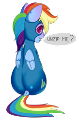 Size: 1080x1654 | Tagged: safe, artist:zettaidullahan, rainbow dash, pegasus, pony, g4, butt, clothes, colored pupils, dialogue, dock, female, folded wings, looking at you, looking back, looking back at you, looking over shoulder, mare, open mouth, open smile, plot, rainbutt dash, rear view, shiny, simple background, sitting, skintight clothes, smiling, smiling at you, solo, speech bubble, tail, talking to viewer, transparent background, uniform, wings, wonderbolts uniform, zipper