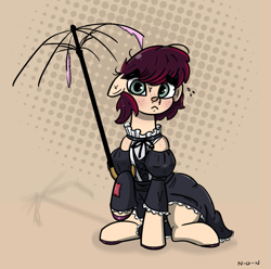 Size: 1061x1053 | Tagged: safe, artist:n-o-n, oc, oc only, earth pony, pony, bow, clothes, confused, dress, freckles, frilly dress, looking at you, sitting, solo, umbrella