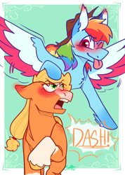 Size: 1462x2048 | Tagged: safe, artist:crappy-coffee, applejack, rainbow dash, earth pony, pegasus, pony, g4, :p, blaze (coat marking), blushing, coat markings, colored wings, colored wingtips, cowboy hat, dialogue, duo, duo female, ear blush, emanata, eye clipping through hair, eyebrows, eyebrows visible through hair, facial markings, female, floppy ears, green background, hat, lesbian, mare, one eye closed, open mouth, passepartout, raised hoof, ship:appledash, shipping, simple background, socks (coat markings), speech bubble, stetson, tongue out, unshorn fetlocks, wings