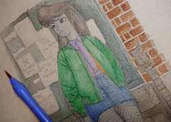 Size: 2048x1463 | Tagged: safe, artist:daisymane, octavia melody, human, equestria girls, g4, clothes, female, jacket, looking away, solo, traditional art, watercolor painting
