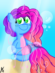 Size: 1620x2160 | Tagged: safe, artist:jesslmc16, misty brightdawn, jellyfish, mermaid, seapony (g4), unicorn, g5, blue background, blue eyes, blue mane, blue tail, bubble, comic, crepuscular rays, cute, digital art, dorsal fin, eyelashes, eyeshadow, female, fin, fish tail, floating, flowing mane, flowing tail, freckles, gem, happy, hooves, horn, jewelry, light, looking at you, makeup, mane, mare, necklace, ocean, rebirth misty, sand, scales, seaponified, seapony misty brightdawn, signature, simple background, smiling, smiling at you, solo, species swap, sunlight, swimming, tail, teeth, underwater, unshorn fetlocks, water