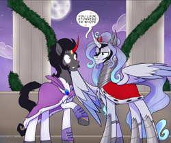 Size: 3852x3231 | Tagged: safe, artist:razzy, king sombra, oc, oc:prince plushy soft, alicorn, pony, unicorn, cape, clothes, clothes swap, cute, feather, gay, horn, male, stallion, wings
