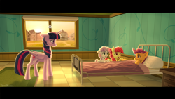 Size: 2560x1440 | Tagged: safe, artist:robin jacks, apple bloom, scootaloo, sweetie belle, twilight sparkle, alicorn, fanfic:i see you, g4, bed, cutie mark crusaders, hospital, hospital bed, reflection, twilight sparkle (alicorn), window
