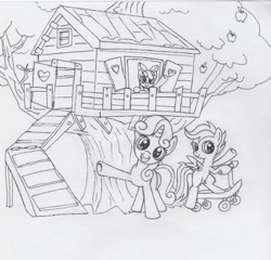 Size: 2396x2304 | Tagged: safe, artist:robin jacks, apple bloom, scootaloo, sweetie belle, pegasus, pony, unicorn, g4, apple, bipedal, clubhouse, crusaders clubhouse, cutie mark crusaders, female, filly, foal, food, horn, traditional art, tree, treehouse