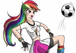 Size: 1530x1080 | Tagged: safe, artist:robin jacks, rainbow dash, human, g4, breasts, female, football, humanized, simple background, solo, sports, white background