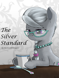 Size: 3120x4160 | Tagged: safe, artist:robin jacks, silver spoon, earth pony, pony, fanfic:the silver standard, g4, fanfic art, female, filly, foal, food, glasses, high res, jewelry, necklace, pearl necklace, solo, spoon, tea