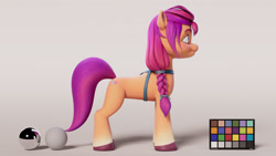 Size: 1920x1080 | Tagged: safe, artist:adrián valiente gonzález, part of a set, sunny starscout, earth pony, pony, g5, my little pony: a new generation, 3d, braid, braided ponytail, coat markings, color palette, colored, concave belly, female, gradient hooves, i can't believe it's not hasbro studios, looking forward, mare, ponytail, scrunchie, shading, side view, slender, socks (coat markings), solo, style emulation, sunny's bag, thin, unshorn fetlocks