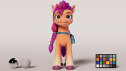 Size: 1920x1080 | Tagged: safe, artist:adrián valiente gonzález, part of a set, sunny starscout, earth pony, pony, g5, my little pony: a new generation, 3d, braid, braided ponytail, coat markings, color palette, colored, eyebrows, female, front view, gradient hooves, i can't believe it's not hasbro studios, looking forward, mare, ponytail, scrunchie, shading, smiling, socks (coat markings), solo, style emulation, sunny's bag, unshorn fetlocks, wide smile