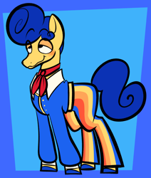 Size: 2048x2417 | Tagged: safe, artist:puddingandp1, earth pony, pony, blue background, blue mane, blue tail, blushing, border, clothes, colored hooves, curly tail, eye clipping through hair, eyebrows, eyebrows visible through hair, jacket, lidded eyes, male, neckerchief, pants, pompadour, ponified, simple background, smiling, stallion, standing, tail, wally darling, wavy mouth, welcome home, yellow coat