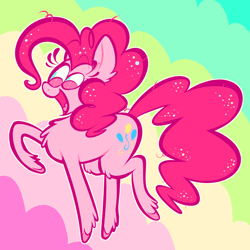 Size: 2048x2048 | Tagged: safe, artist:puddingandp1, pinkie pie, earth pony, pony, g4, abstract background, alternate eye color, big ears, chest fluff, colored hooves, curly mane, curly tail, ear fluff, eyebrows, eyebrows visible through hair, eyelashes, female, fetlock tuft, floating eyebrows, heart tongue, leg fluff, long mane, long tail, looking down, mare, messy mane, messy tail, open mouth, open smile, pink eyes, pink mane, pink tail, raised hoof, smiling, solo, sparkly mane, sparkly tail, tail