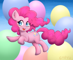 Size: 1200x1000 | Tagged: safe, artist:empyu, pinkie pie, earth pony, pony, g4, balloon, cute, diapinkes, female, mare, open mouth, open smile, pronking, signature, smiling, solo