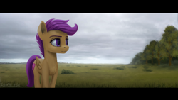 Size: 2560x1440 | Tagged: safe, artist:robin jacks, scootaloo, fanfic:i see you, g4, fanfic art, field, forest, grass, nature, scenery, solo, tree