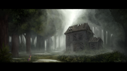 Size: 2560x1434 | Tagged: safe, artist:robin jacks, scootaloo, fanfic:i see you, g4, fanfic art, fog, forest, house, nature, tree
