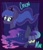 Size: 3000x3500 | Tagged: safe, artist:puddingandp1, princess luna, alicorn, pony, g4, big ears, blue coat, blue eyes, blue mane, blue text, border, colored sclera, crown, duality, ear fluff, ethereal mane, eye clipping through hair, eyebrows, eyebrows visible through hair, eyelashes, eyeshadow, female, high res, horn, jewelry, lidded eyes, long eyelashes, looking back, makeup, mare, multicolored mane, passepartout, purple coat, regalia, smiling, solo, starry mane, text, tiara, unicorn horn, wingding eyes, yellow sclera