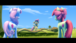 Size: 2560x1440 | Tagged: safe, artist:robin jacks, apple bloom, scootaloo, sweetie belle, fanfic:i see you, g4, butt, cutie mark crusaders, fanfic art, plot, tree branch