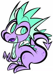 Size: 2092x2896 | Tagged: safe, artist:puddingandp1, spike, dragon, g4, alternate color palette, alternate design, big eyes, colored mouth, colored tongue, doodle, floating eyebrows, frills, green eyes, heart tongue, high res, male, paws, raised arms, redesign, scales, simple background, slit pupils, solo, spikes, tail, thick tail, white background