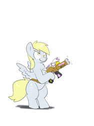 Size: 1650x2200 | Tagged: safe, artist:kushina13, derpy hooves, gilda, pegasus, pony, g4, bipedal, chest fluff, female, furrowed brow, gun, hoof hold, mare, objectification, simple background, smiling, solo, watermark, weapon, white background