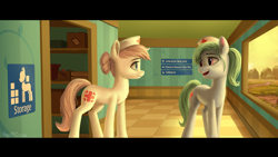 Size: 2560x1440 | Tagged: safe, artist:robin jacks, nurse redheart, nurse tenderheart, earth pony, pony, fanfic:i see you, g4, box, doorway, duo, duo female, fanfic art, female, hat, hospital, looking at each other, looking at someone, nurse hat, open mouth, open smile, shelf, sign, smiling, smiling at each other, storage, sunset, window