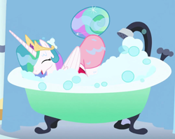 Size: 784x623 | Tagged: safe, artist:thedarkpony, edit, edited screencap, screencap, princess celestia, g4, bath, bath time, bubble, clothes, female, shorts, suds, water, wet, wet clothes, wet shorts