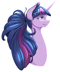 Size: 1220x1460 | Tagged: safe, artist:verskon, twilight sparkle, pony, unicorn, g4, bust, female, long neck, mare, ponytail, portrait, simple background, smiling, solo, unicorn twilight, white background