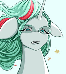 Size: 1600x1800 | Tagged: safe, artist:verskon, gusty the great, pony, unicorn, blue background, bust, cyan background, disgusted, ears back, female, horn, leaves, mare, portrait, simple background, solo