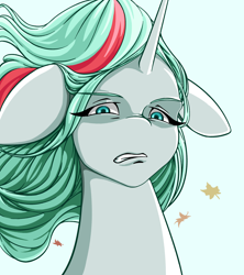 Size: 1600x1800 | Tagged: safe, artist:verskon, gusty the great, pony, unicorn, g4, blue background, bust, cyan background, disgusted, ears back, female, horn, leaves, mare, portrait, simple background, solo