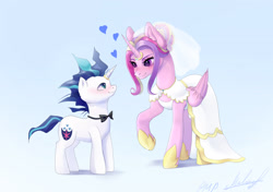 Size: 3175x2230 | Tagged: safe, artist:pawmeowpaw, princess cadance, shining armor, alicorn, unicorn, g4, clothes, dress, duo, female, heart, heart eyes, height difference, horn, looking at each other, looking at someone, male, mare, meme, ship:shiningcadance, shipping, simple background, smiling, stallion, straight, the bride and the ugly ass groom, toy interpretation, wedding dress, wingding eyes