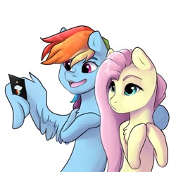 Size: 1200x1172 | Tagged: safe, artist:pawmeowpaw, fluttershy, rainbow dash, pegasus, pony, g4, bipedal, cellphone, duo, female, hooves together, lacrimal caruncle, lesbian, mare, open mouth, open smile, phone, selfie, ship:flutterdash, shipping, simple background, smartphone, smiling, white background, wing hands, wing hold, wings