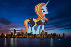 Size: 2048x1367 | Tagged: safe, artist:starryshineviolet, edit, editor:jaredking779, sassy saddles, pony, unicorn, g4, attack on pony, chicago, clothes, dress, eyeshadow, female, giant pony, giantess, highrise ponies, horn, illinois, irl, lidded eyes, macro, makeup, mare, photo, ponies in real life, red eyes, saddle, smiling, solo, standing, story included, tack, tall, vulgar description
