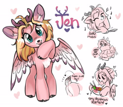 Size: 2464x2145 | Tagged: safe, artist:opalacorn, oc, oc only, oc:jen, deer, deer pony, hybrid, original species, pegasus, peryton, pony, antlers, butt, clothes, cloven hooves, coat, cold, doe, earbuds, female, food, heat, hoof hold, looking at you, music notes, name, noodles, open mouth, open smile, plot, ramen, shivering, simple background, smiling, smiling at you, solo, tail, text, white background