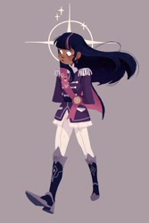 Size: 1200x1800 | Tagged: safe, artist:mayermaam, twilight sparkle, human, g4, abstract background, boots, clothes, dark skin, ear piercing, earring, epaulettes, female, humanized, jacket, jewelry, pants, piercing, shoes, solo, uniform