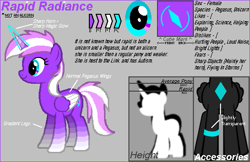 Size: 543x352 | Tagged: safe, oc, oc:rapid radiance, pegasus, pony, unicorn, cutie mark, female, horn, mare, reference, reference sheet, solo