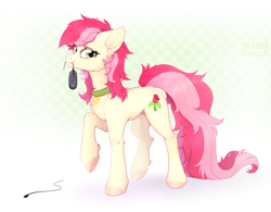 Size: 3229x2515 | Tagged: safe, artist:tender fox, roseluck, pony, g4, behaving like a cat, chest fluff, collar, commission, commissioner:doom9454, computer mouse, concave belly, cute, fluffy, pet tag, pony pet, rosepet, solo, standing