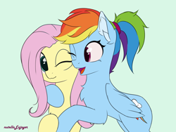 Size: 2000x1500 | Tagged: safe, artist:nutellaenjoyer, fluttershy, rainbow dash, pegasus, pony, g4, ;3, cheek to cheek, chest fluff, colored ear fluff, colored pinnae, duo, ear fluff, female, green background, half body, hug, mare, one eye closed, open mouth, open smile, ponytail, simple background, smiling