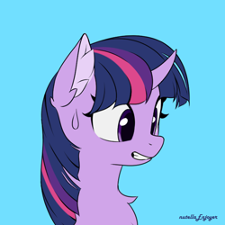 Size: 1000x1000 | Tagged: safe, artist:nutellaenjoyer, twilight sparkle, pony, unicorn, g4, blue background, bust, chest fluff, colored ear fluff, colored pinnae, curved horn, female, horn, mare, nervous, nervous smile, nervous sweat, simple background, smiling, solo, sweat, sweatdrop