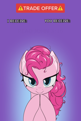 Size: 1000x1500 | Tagged: safe, artist:nutellaenjoyer, pinkie pie, earth pony, pony, g4, female, gradient background, half body, hooves together, looking at you, mare, meme, meme template, ponified meme, solo, trade offer